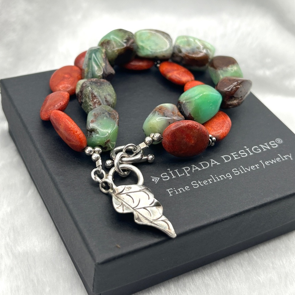 Rare Vintage Silpada Coral Chrysoprase 925 Sterling Silver Toggle Bracelet B1023